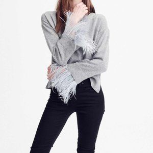 JCrew Sweater Gray Feather Plume Trim on Sleeve